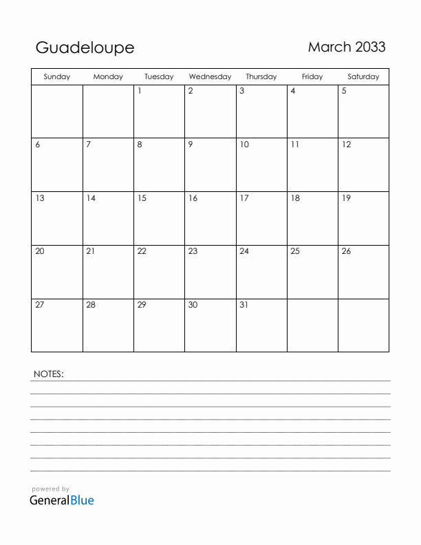 March 2033 Guadeloupe Calendar with Holidays (Sunday Start)