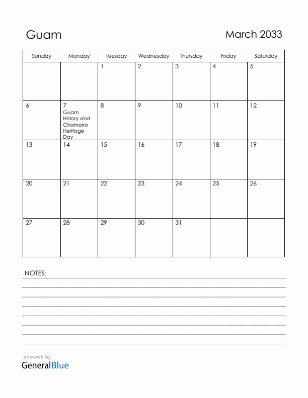 March 2033 Guam Calendar with Holidays (Sunday Start)