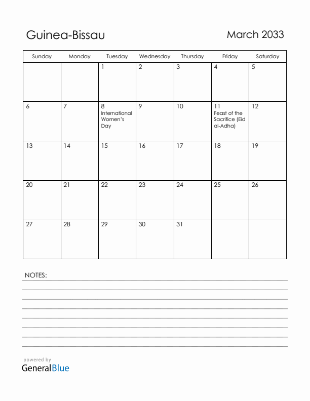 March 2033 Guinea-Bissau Calendar with Holidays (Sunday Start)