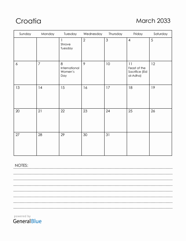 March 2033 Croatia Calendar with Holidays (Sunday Start)