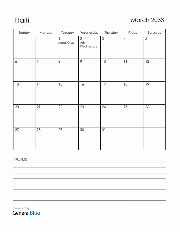 March 2033 Haiti Calendar with Holidays (Sunday Start)