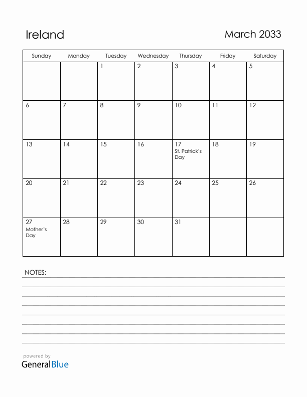 March 2033 Ireland Calendar with Holidays (Sunday Start)