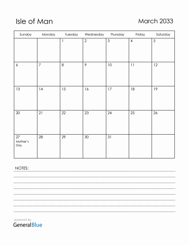 March 2033 Isle of Man Calendar with Holidays (Sunday Start)