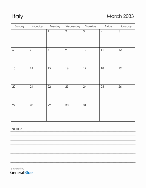 March 2033 Italy Calendar with Holidays (Sunday Start)
