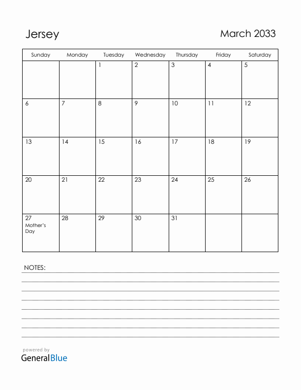 March 2033 Jersey Calendar with Holidays (Sunday Start)