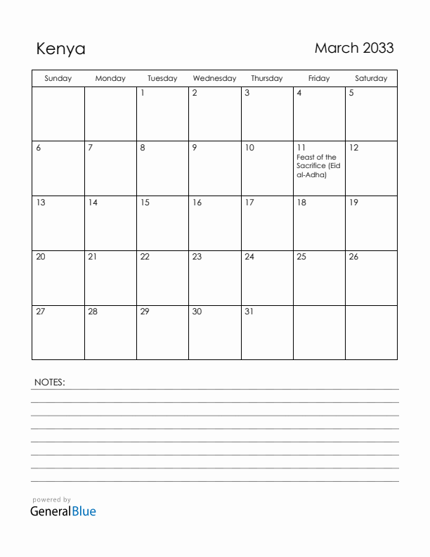 March 2033 Kenya Calendar with Holidays (Sunday Start)