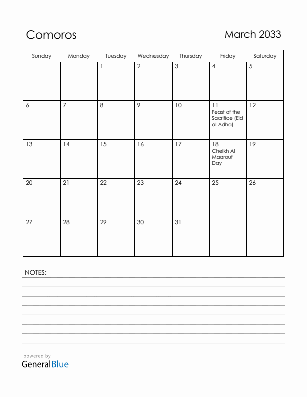 March 2033 Comoros Calendar with Holidays (Sunday Start)