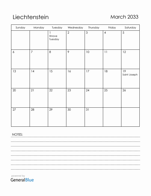 March 2033 Liechtenstein Calendar with Holidays (Sunday Start)