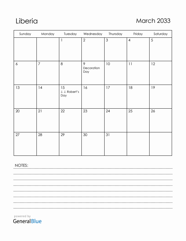 March 2033 Liberia Calendar with Holidays (Sunday Start)