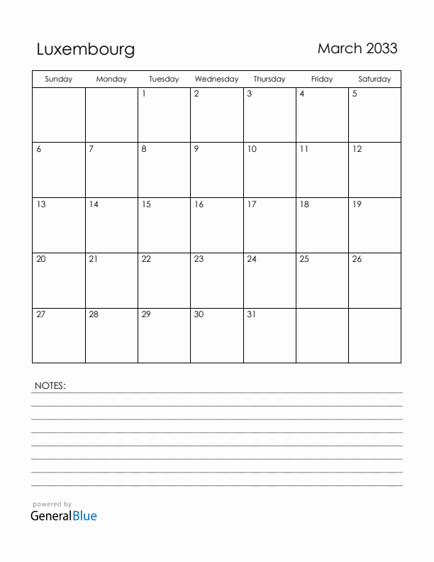 March 2033 Luxembourg Calendar with Holidays (Sunday Start)