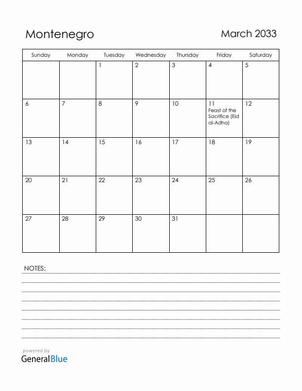 March 2033 Montenegro Calendar with Holidays (Sunday Start)