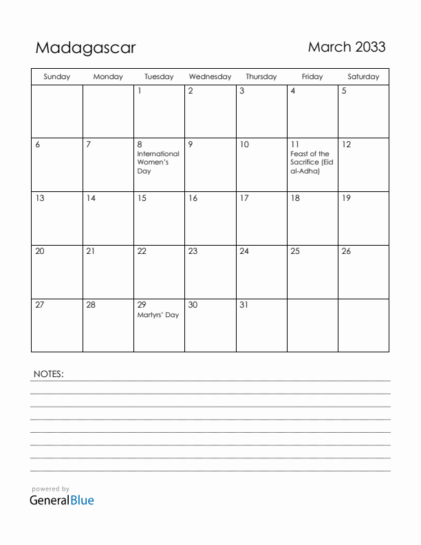 March 2033 Madagascar Calendar with Holidays (Sunday Start)