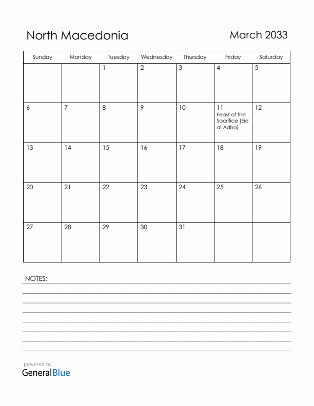 March 2033 North Macedonia Calendar with Holidays (Sunday Start)