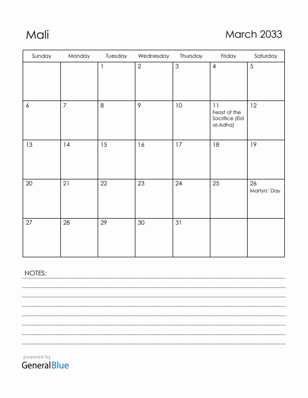 March 2033 Mali Calendar with Holidays (Sunday Start)
