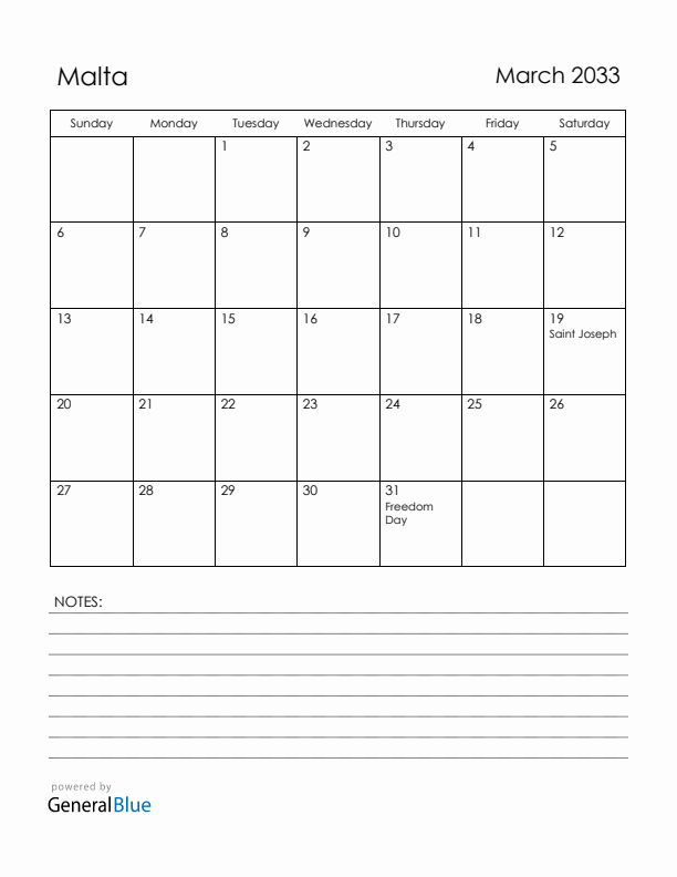 March 2033 Malta Calendar with Holidays (Sunday Start)