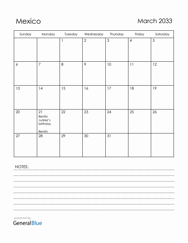March 2033 Mexico Calendar with Holidays (Sunday Start)