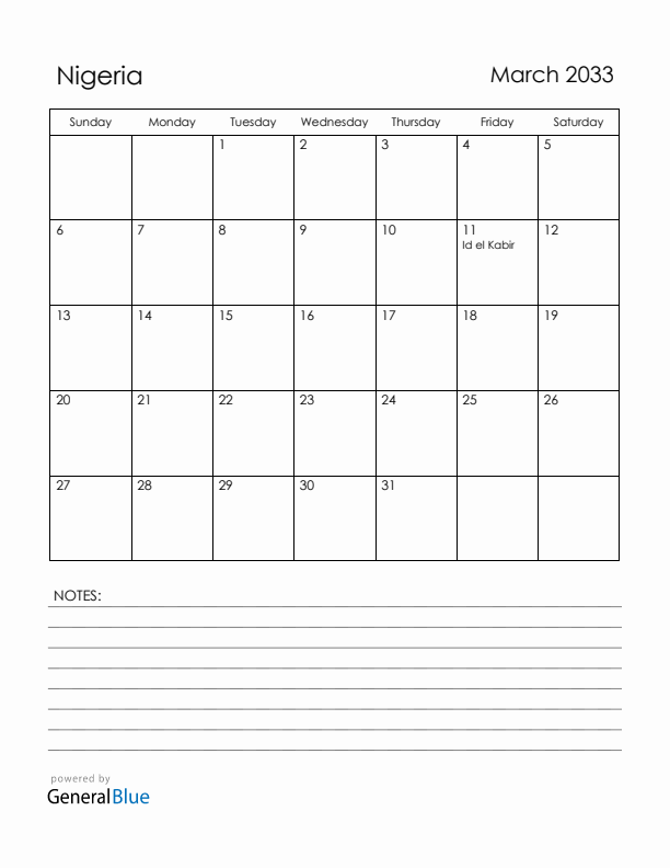March 2033 Nigeria Calendar with Holidays (Sunday Start)