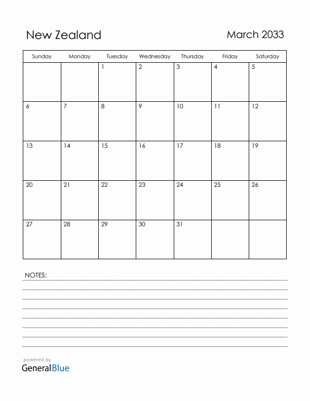 March 2033 New Zealand Calendar with Holidays (Sunday Start)