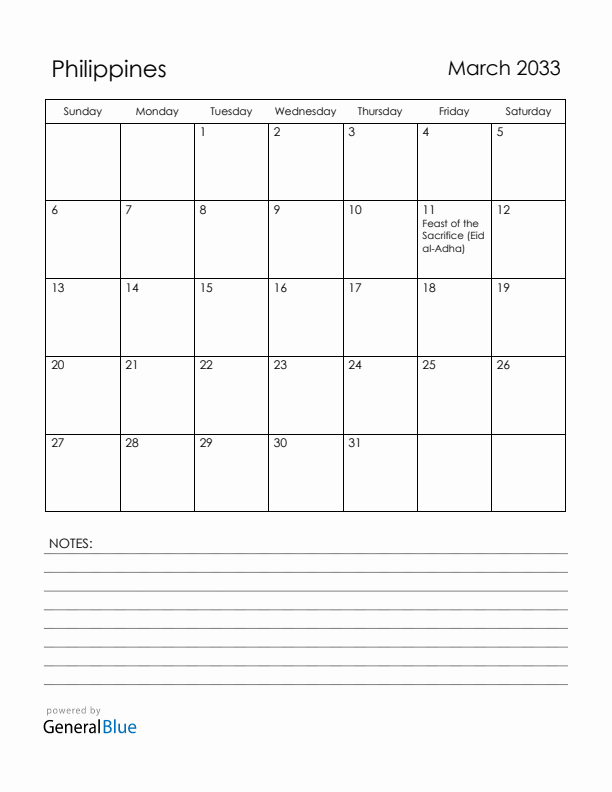 March 2033 Philippines Calendar with Holidays (Sunday Start)