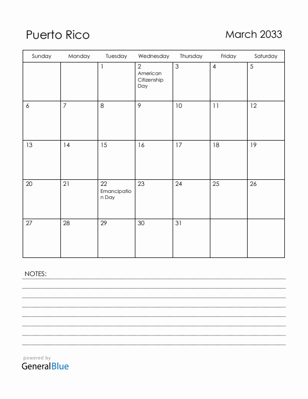 March 2033 Puerto Rico Calendar with Holidays (Sunday Start)