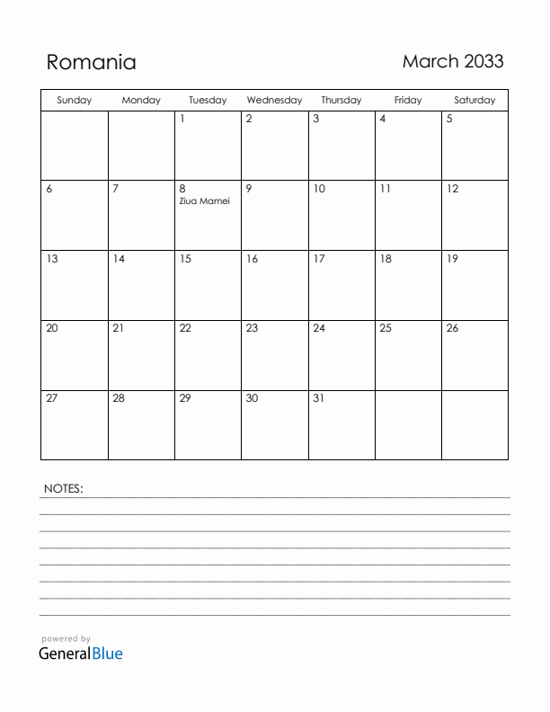 March 2033 Romania Calendar with Holidays (Sunday Start)