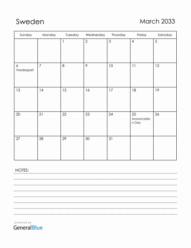 March 2033 Sweden Calendar with Holidays (Sunday Start)