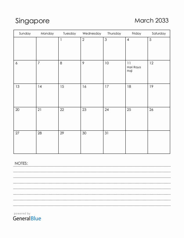 March 2033 Singapore Calendar with Holidays (Sunday Start)