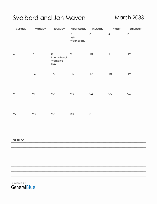 March 2033 Svalbard and Jan Mayen Calendar with Holidays (Sunday Start)