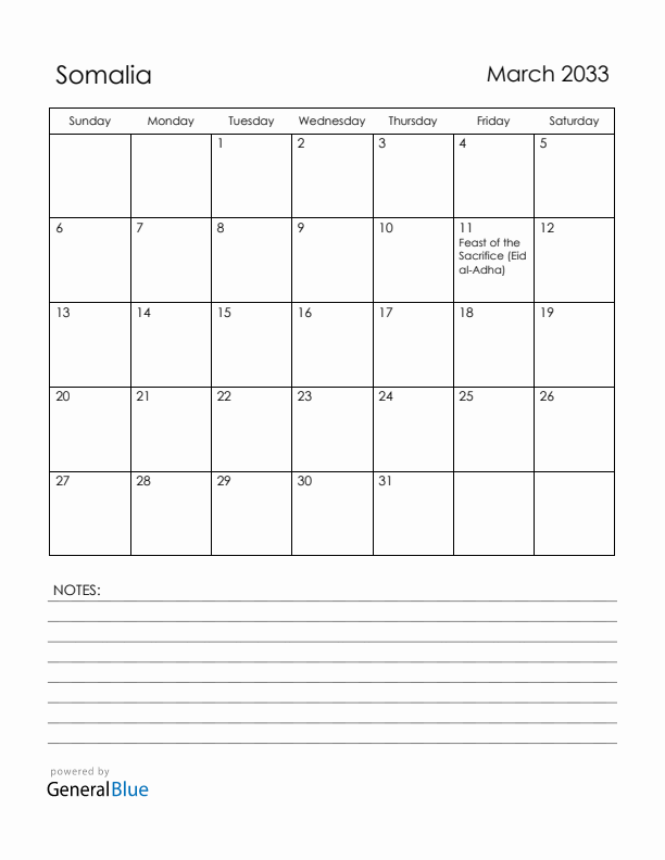 March 2033 Somalia Calendar with Holidays (Sunday Start)
