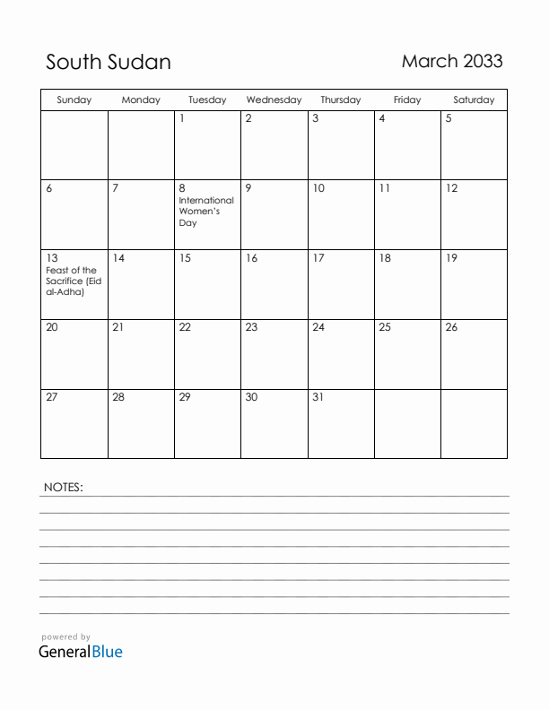 March 2033 South Sudan Calendar with Holidays (Sunday Start)