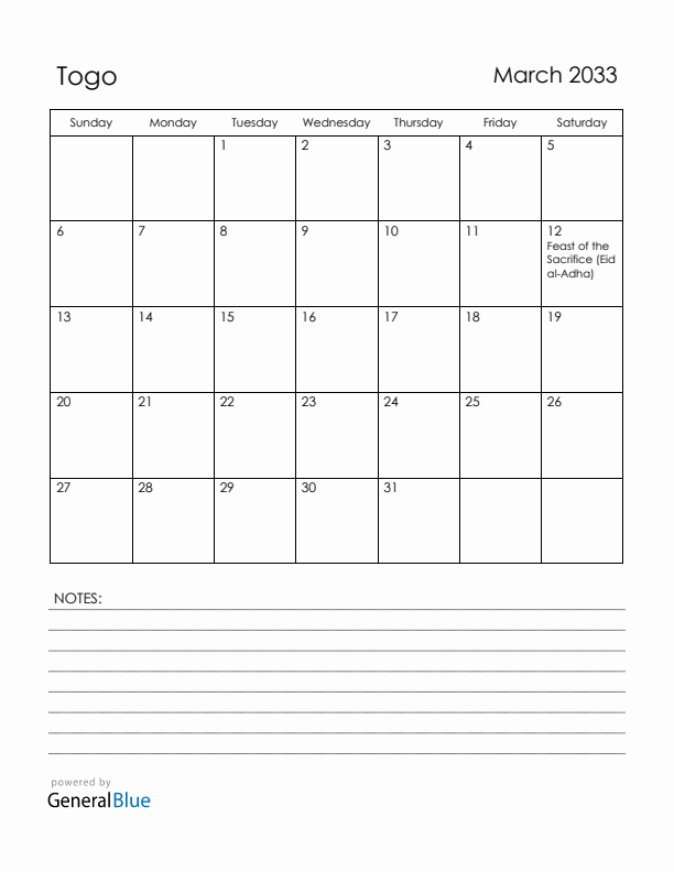 March 2033 Togo Calendar with Holidays (Sunday Start)