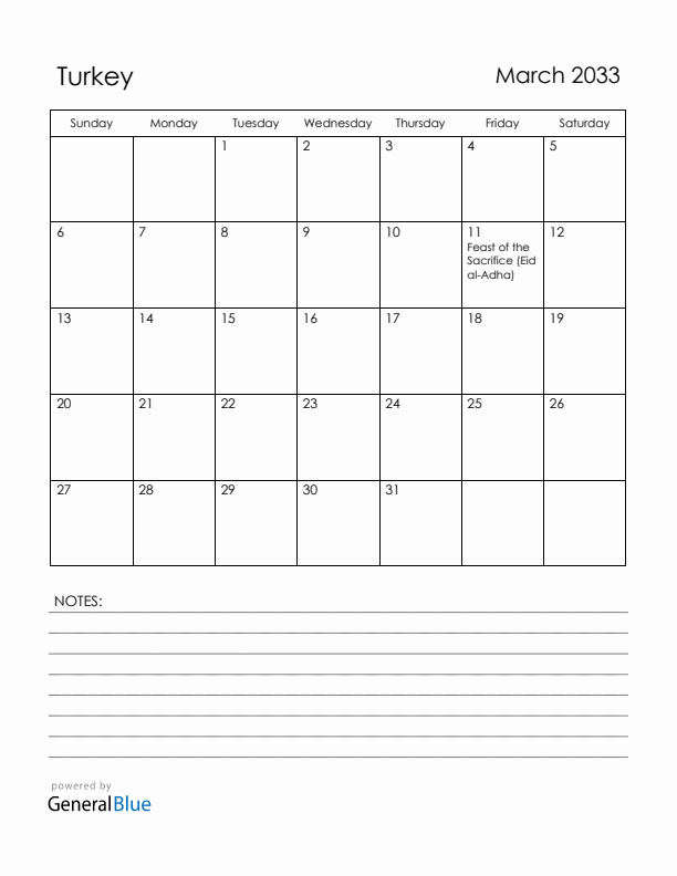 March 2033 Turkey Calendar with Holidays (Sunday Start)