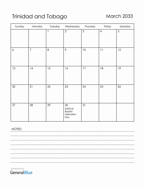 March 2033 Trinidad and Tobago Calendar with Holidays (Sunday Start)