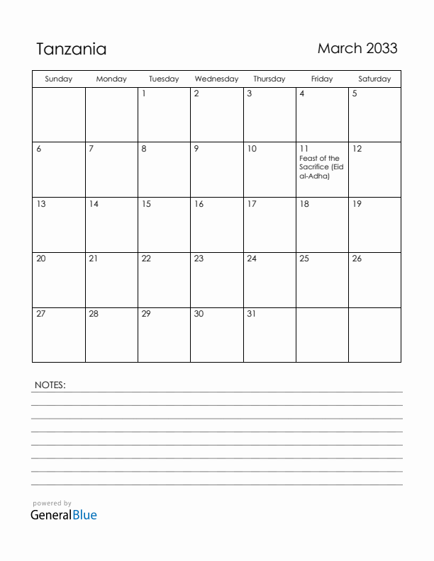 March 2033 Tanzania Calendar with Holidays (Sunday Start)