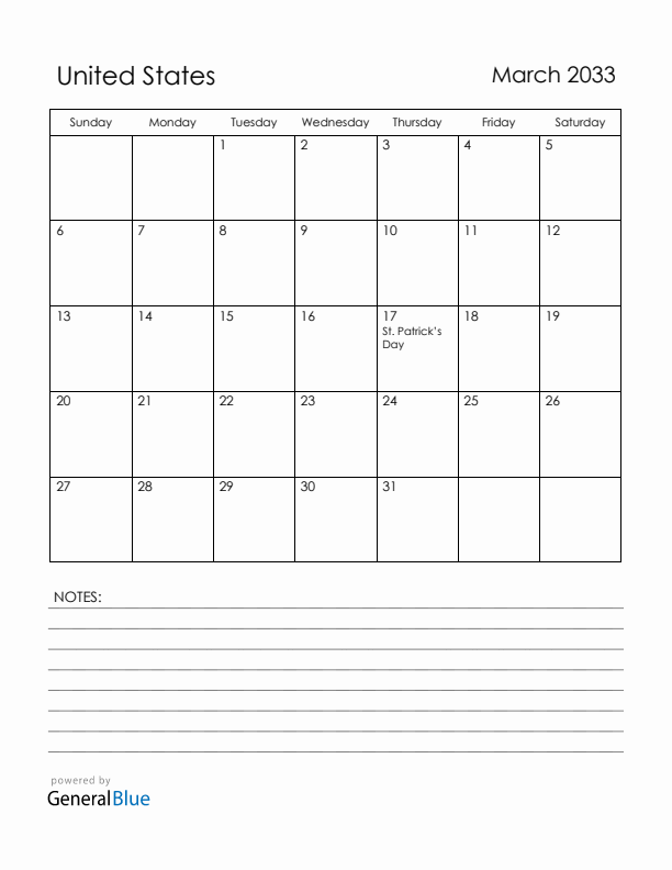 March 2033 United States Calendar with Holidays (Sunday Start)