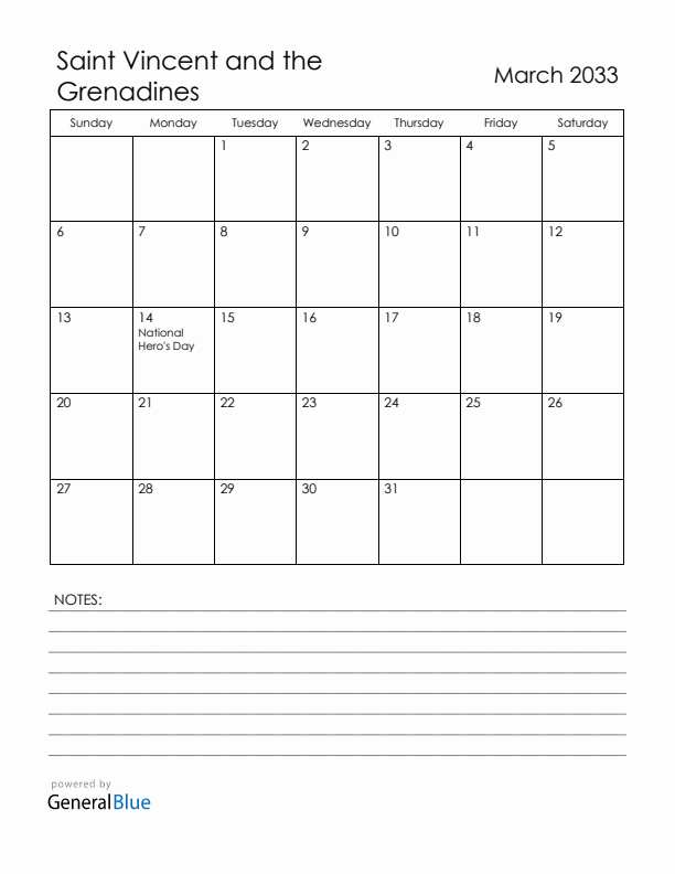 March 2033 Saint Vincent and the Grenadines Calendar with Holidays (Sunday Start)