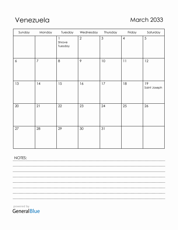 March 2033 Venezuela Calendar with Holidays (Sunday Start)
