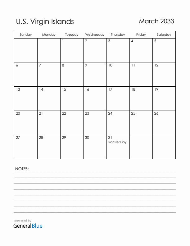 March 2033 U.S. Virgin Islands Calendar with Holidays (Sunday Start)