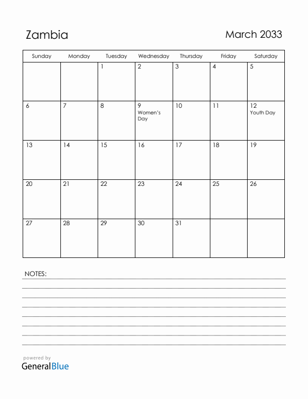 March 2033 Zambia Calendar with Holidays (Sunday Start)