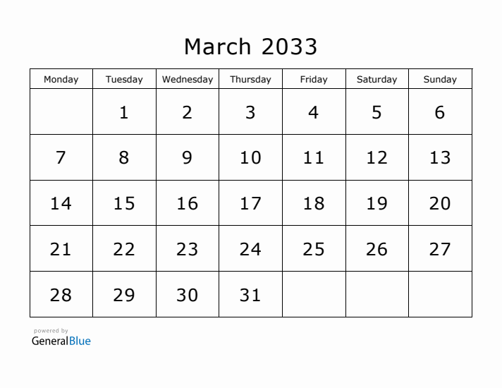 Printable March 2033 Calendar - Monday Start