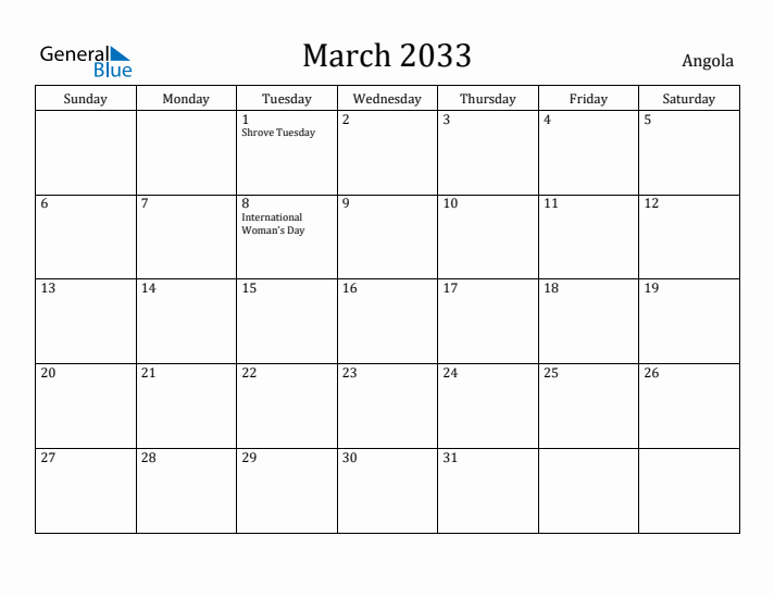 March 2033 Calendar Angola