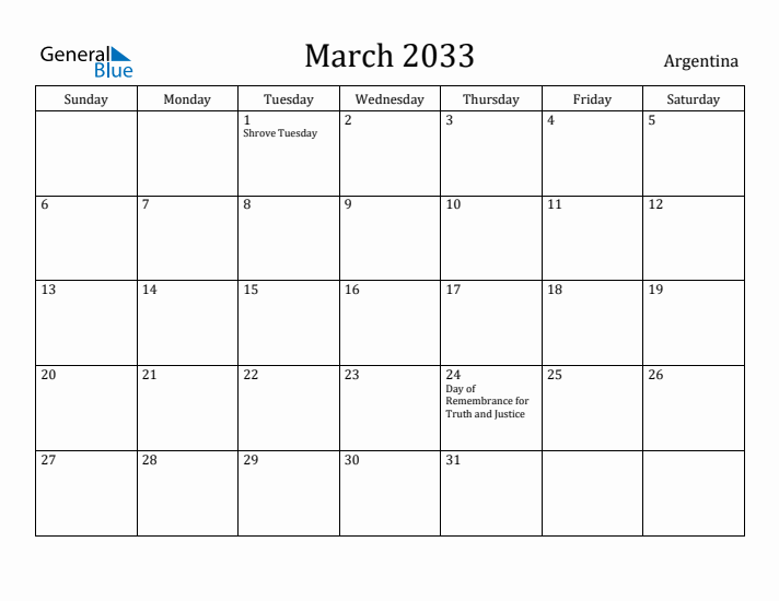 March 2033 Calendar Argentina