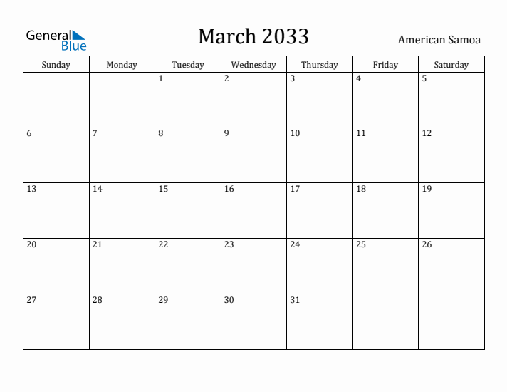 March 2033 Calendar American Samoa