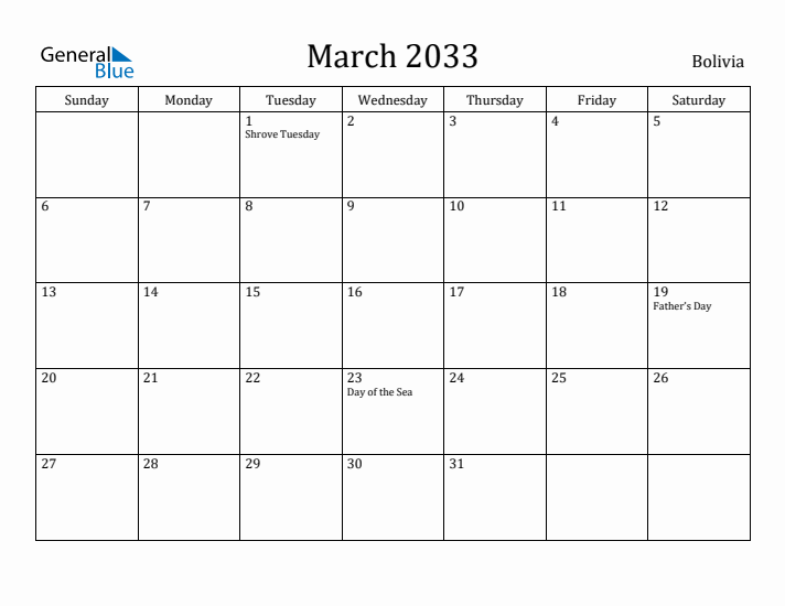 March 2033 Calendar Bolivia