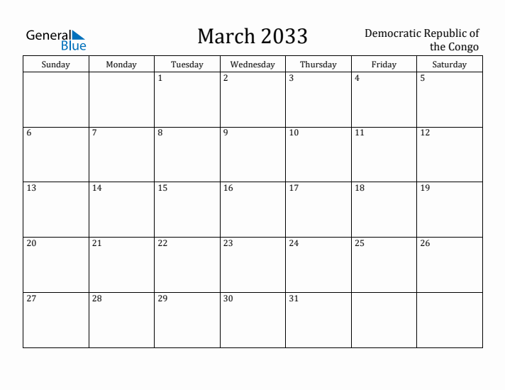 March 2033 Calendar Democratic Republic of the Congo