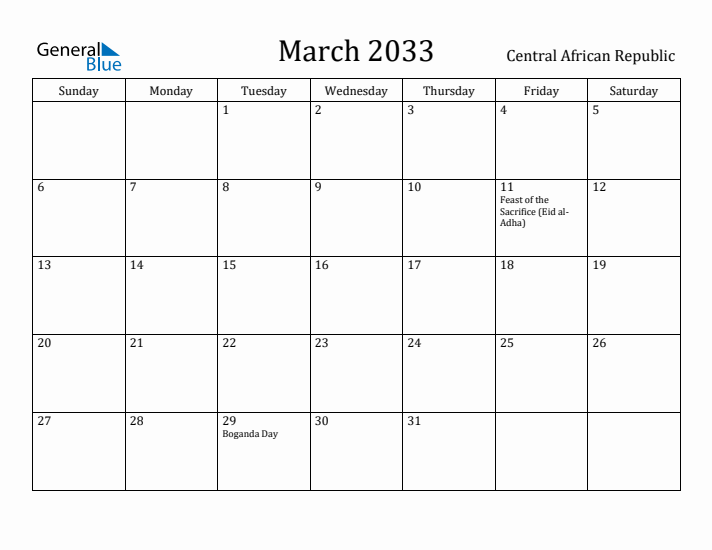 March 2033 Calendar Central African Republic