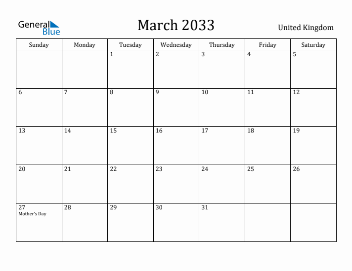 March 2033 Calendar United Kingdom