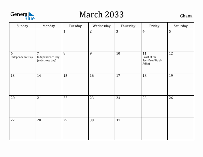 March 2033 Calendar Ghana