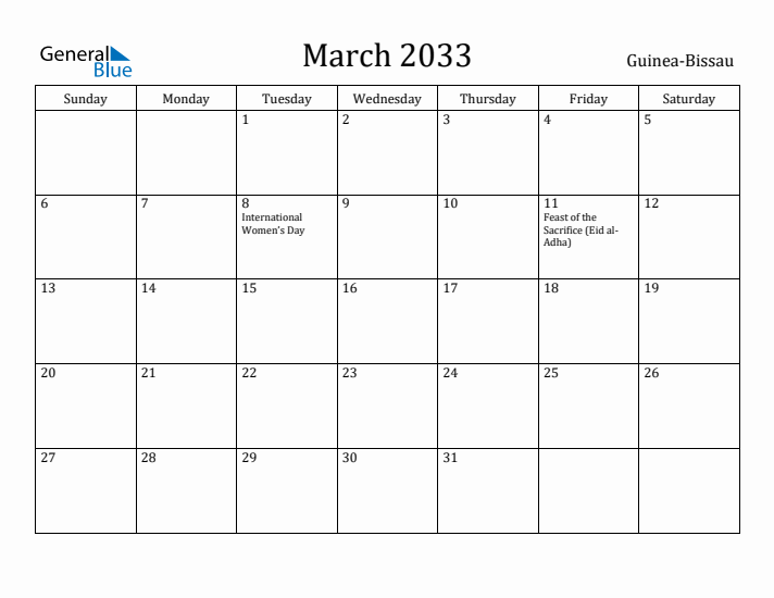 March 2033 Calendar Guinea-Bissau