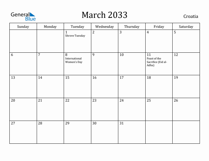March 2033 Calendar Croatia